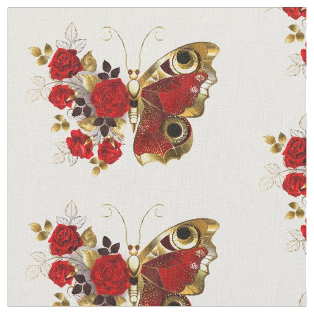 Red flower butterfly with red roses fabric (Close Up)