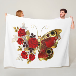 Red flower butterfly with red roses fleece blanket
