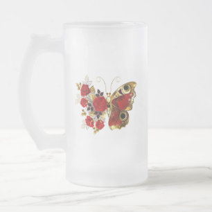 Red flower butterfly with red roses frosted glass beer mug