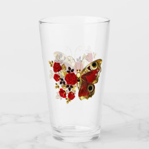 Red flower butterfly with red roses glass