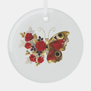 Red flower butterfly with red roses glass tree decoration