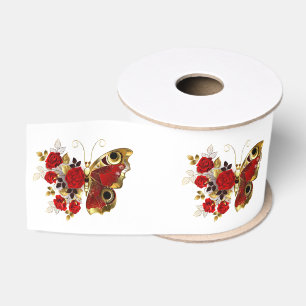 Red flower butterfly with red roses grosgrain ribbon