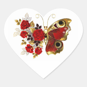 Red flower butterfly with red roses heart sticker