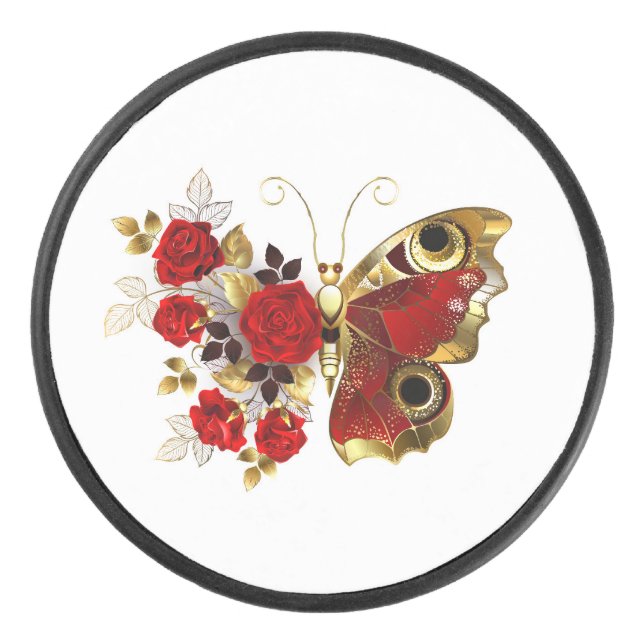 Red flower butterfly with red roses hockey puck (Front)