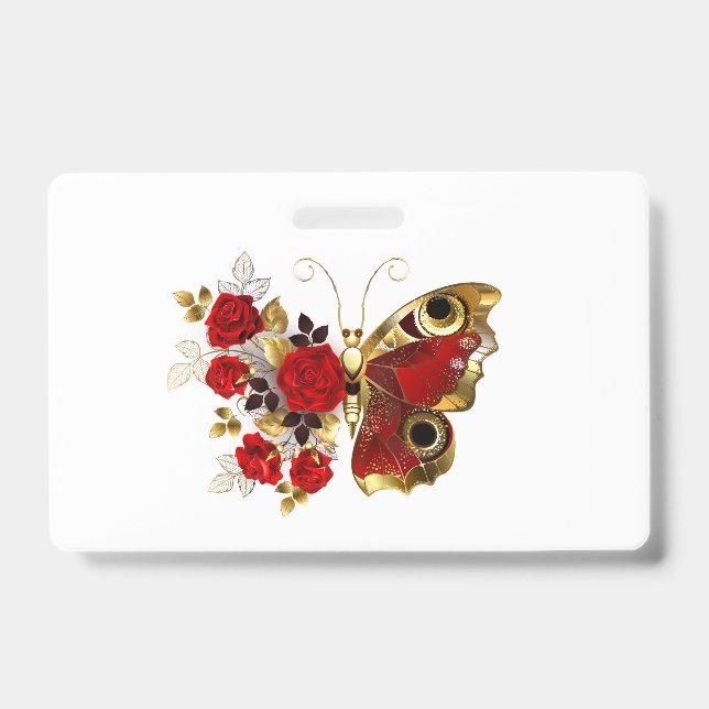 Red flower butterfly with red roses ID badge (Front)