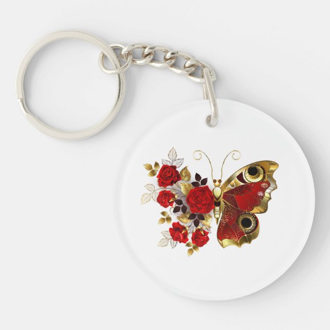 Red flower butterfly with red roses key ring (Front)