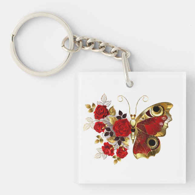 Red flower butterfly with red roses key ring (Front)