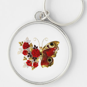 Red flower butterfly with red roses key ring