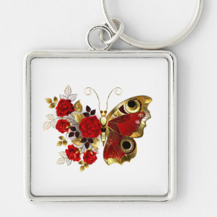 Red flower butterfly with red roses key ring