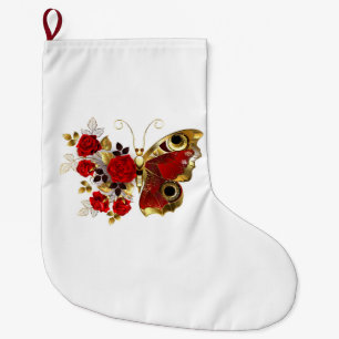 Red flower butterfly with red roses large christmas stocking
