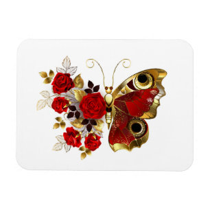 Red flower butterfly with red roses magnet