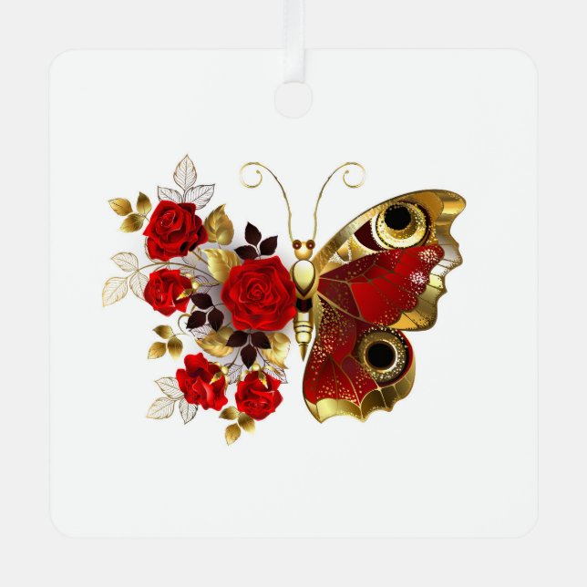 Red flower butterfly with red roses metal tree decoration (Front)