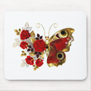 Red flower butterfly with red roses mouse mat