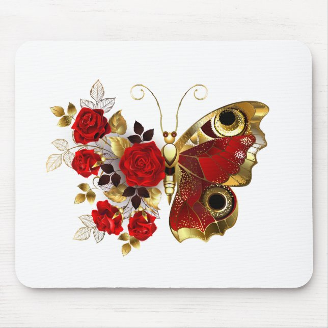 Red flower butterfly with red roses mouse mat (Front)