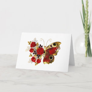 Red flower butterfly with red roses note card