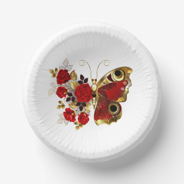 Red flower butterfly with red roses paper plate (Front)
