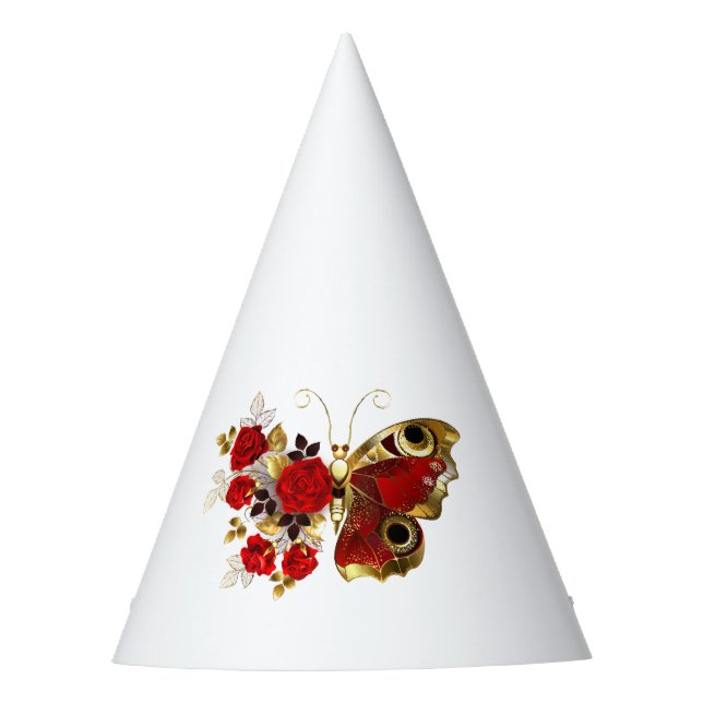 Red flower butterfly with red roses party hat (Front)