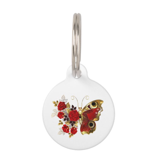 Red flower butterfly with red roses pet tag (Front)