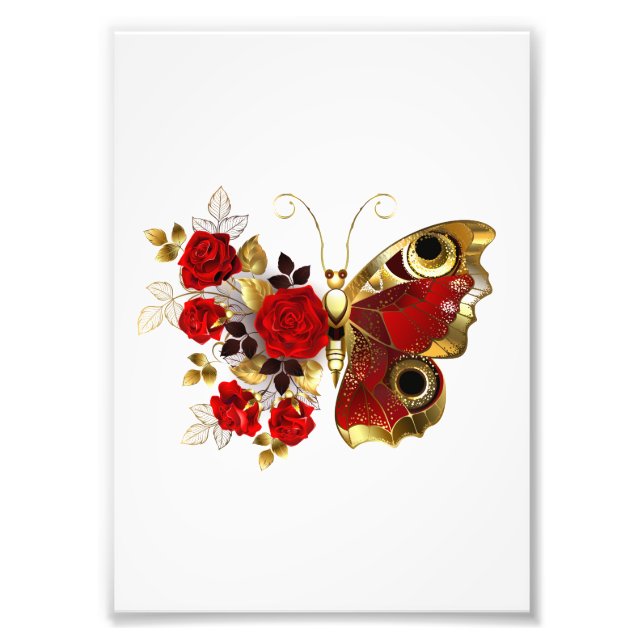 Red flower butterfly with red roses photo print (Front)