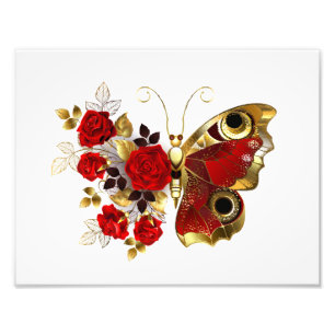 Red flower butterfly with red roses photo print
