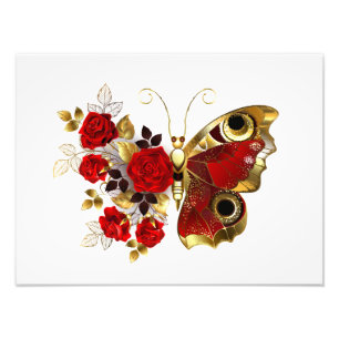 Red flower butterfly with red roses photo print