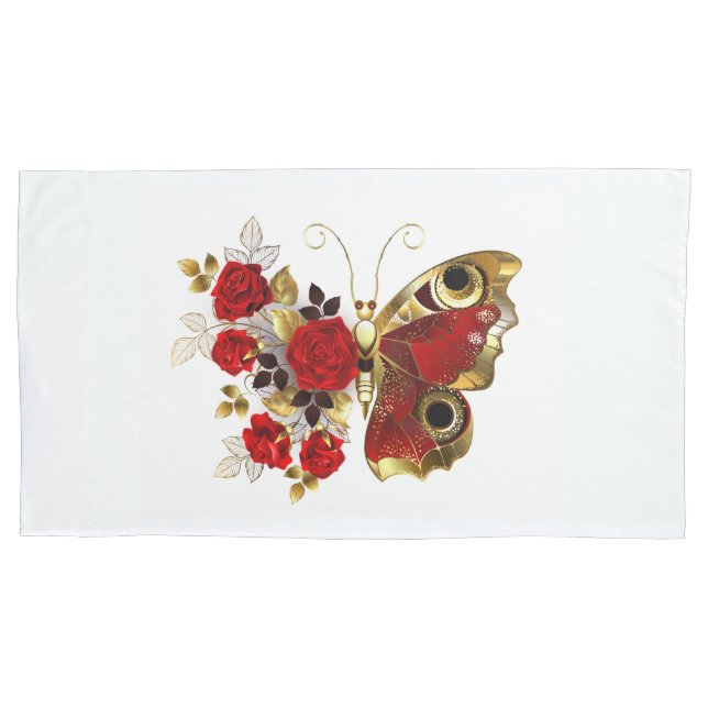 Red flower butterfly with red roses pillowcase (Front)