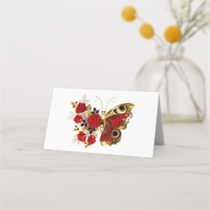 Red flower butterfly with red roses place card