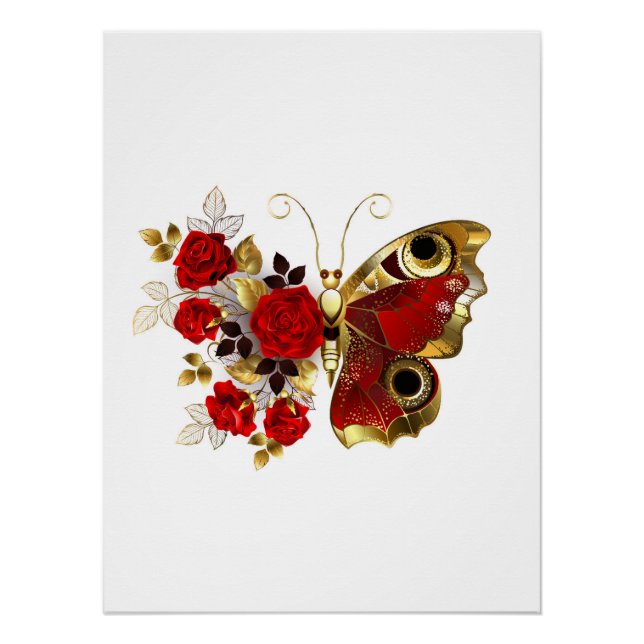 Red flower butterfly with red roses poster (Front)