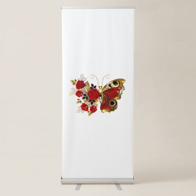 Red flower butterfly with red roses retractable banner (Front)