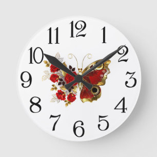 Red flower butterfly with red roses round clock
