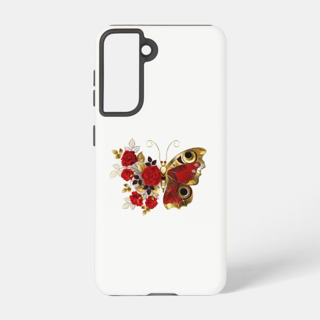 Red flower butterfly with red roses samsung galaxy s21 case (Back)