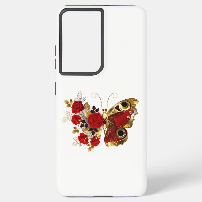 Red flower butterfly with red roses samsung galaxy s21 ultra case (Back)