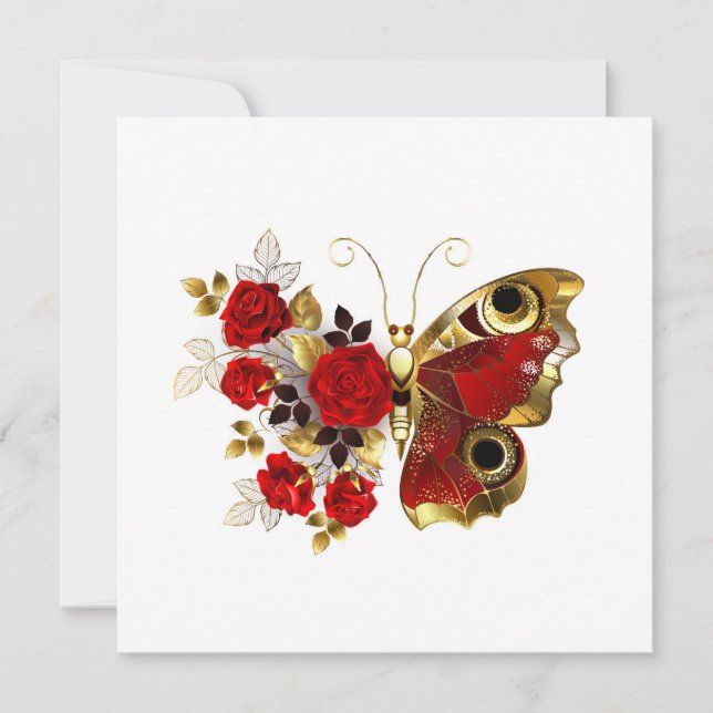 Red flower butterfly with red roses save the date (Front)