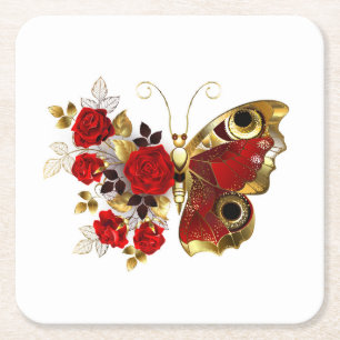 Red flower butterfly with red roses square paper coaster