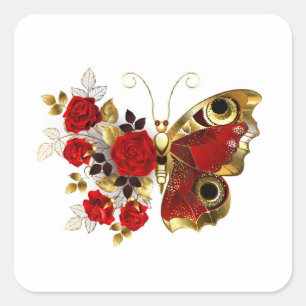 Red flower butterfly with red roses square sticker