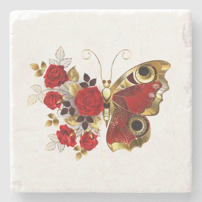 Red flower butterfly with red roses stone coaster (Front)