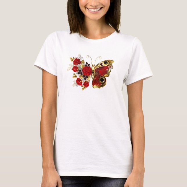Red flower butterfly with red roses T-Shirt (Front)