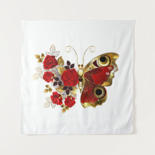Red flower butterfly with red roses tapestry