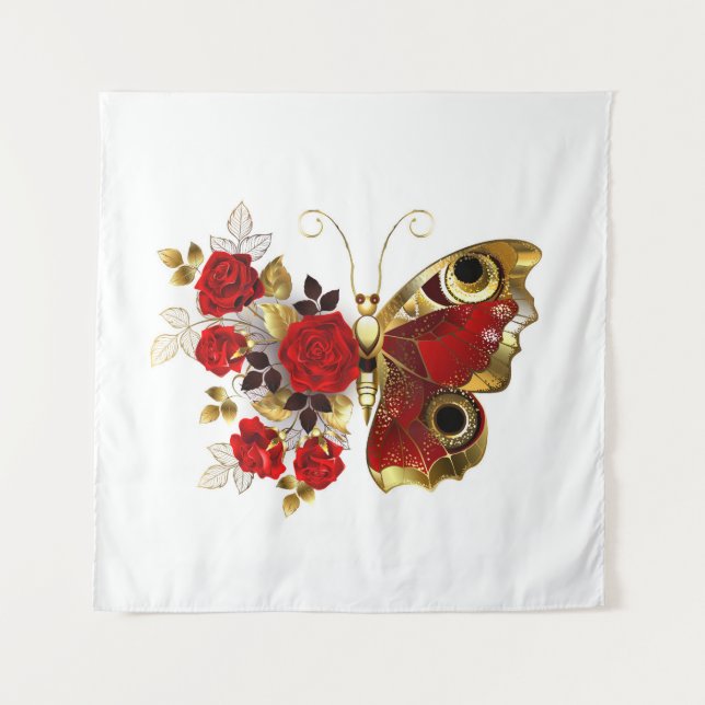 Red flower butterfly with red roses tapestry (Front)