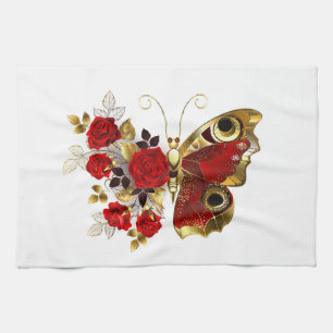 Red flower butterfly with red roses tea towel
