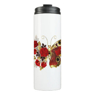 Red flower butterfly with red roses thermal tumbler
