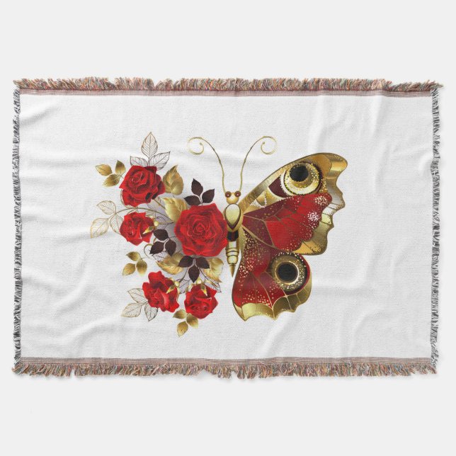 Red flower butterfly with red roses throw blanket (Front)
