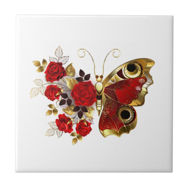 Red flower butterfly with red roses tile (Front)