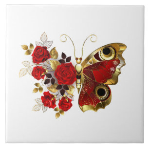 Red flower butterfly with red roses tile
