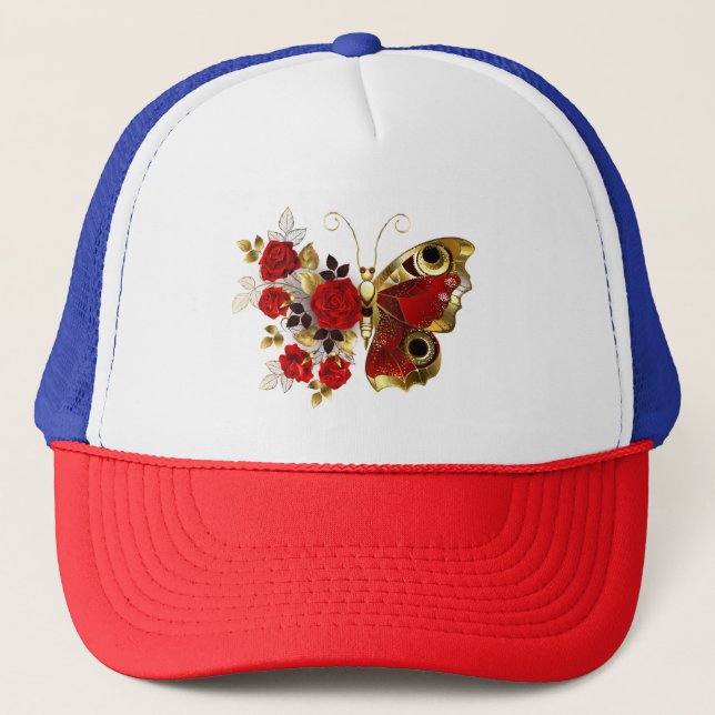 Red flower butterfly with red roses trucker hat (Front)