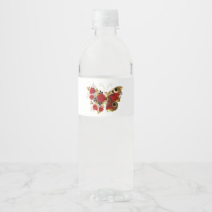 Red flower butterfly with red roses water bottle label