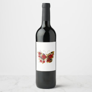 Red flower butterfly with red roses wine label