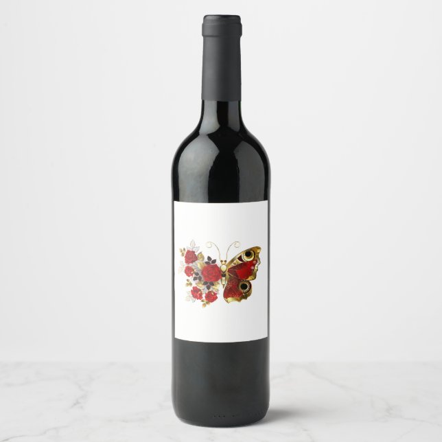 Red flower butterfly with red roses wine label (Front)