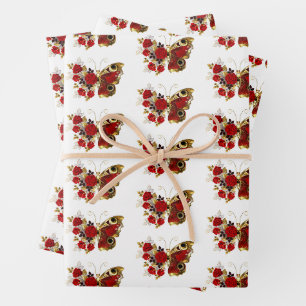 Red flower butterfly with red roses wrapping paper sheet