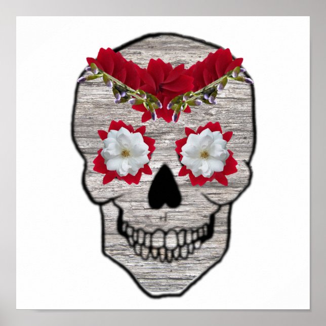 Red Flower Day of the Dead Hipster Skull Print (Front)